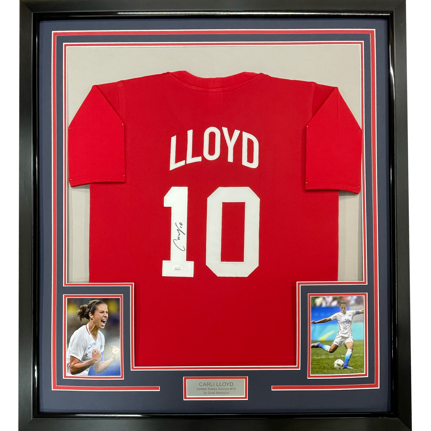 Framed Autographed/Signed Carli Lloyd 35x39 Red Soccer Team USA World Cup Jersey JSA COA