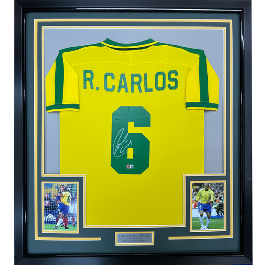 Framed Autographed/Signed Roberto Carlos Brazil 35x39 Yellow Retro Soccer Jersey Beckett BAS COA