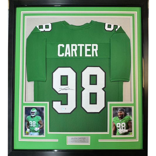 Framed Autographed/Signed Jalen Carter 35x39 Philadelphia Kelly Green Football Jersey Beckett BAS COA