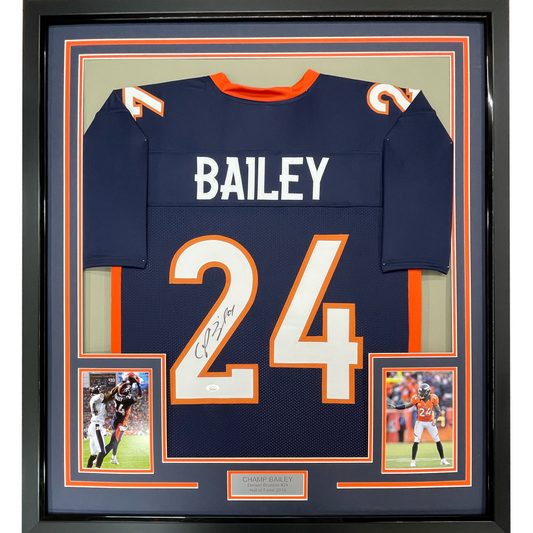 Framed Autographed/Signed Champ Bailey 35x39 Denver Blue Football Jersey JSA COA
