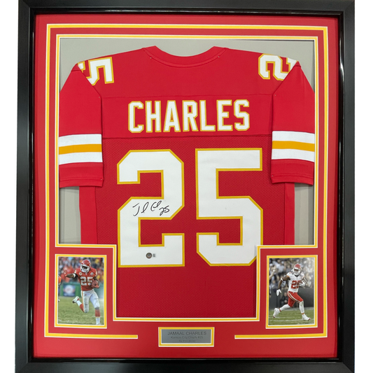 Framed Autographed/Signed Jamaal Charles 35x39 Kansas City Red Football Jersey JSA COA