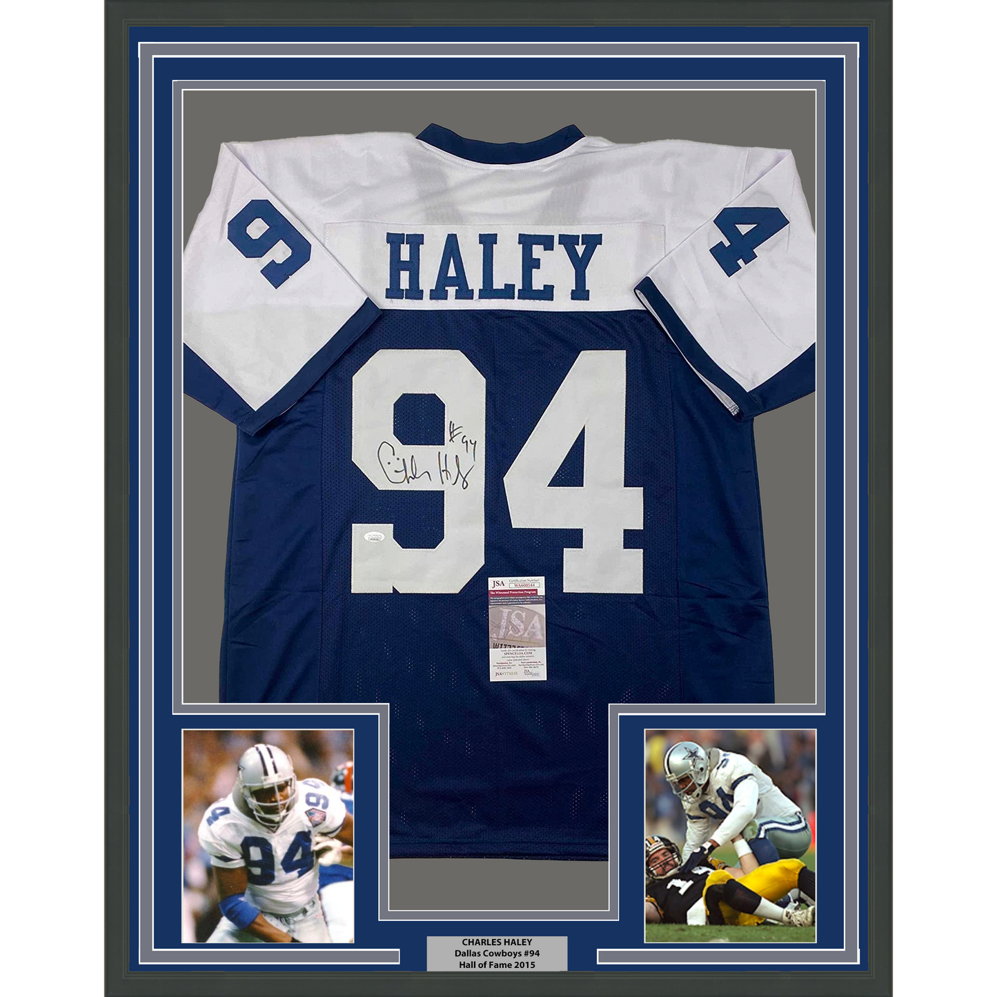 Framed Autographed/Signed Charles Haley 35x39 Dallas Thanksgiving Day Football Jersey JSA COA