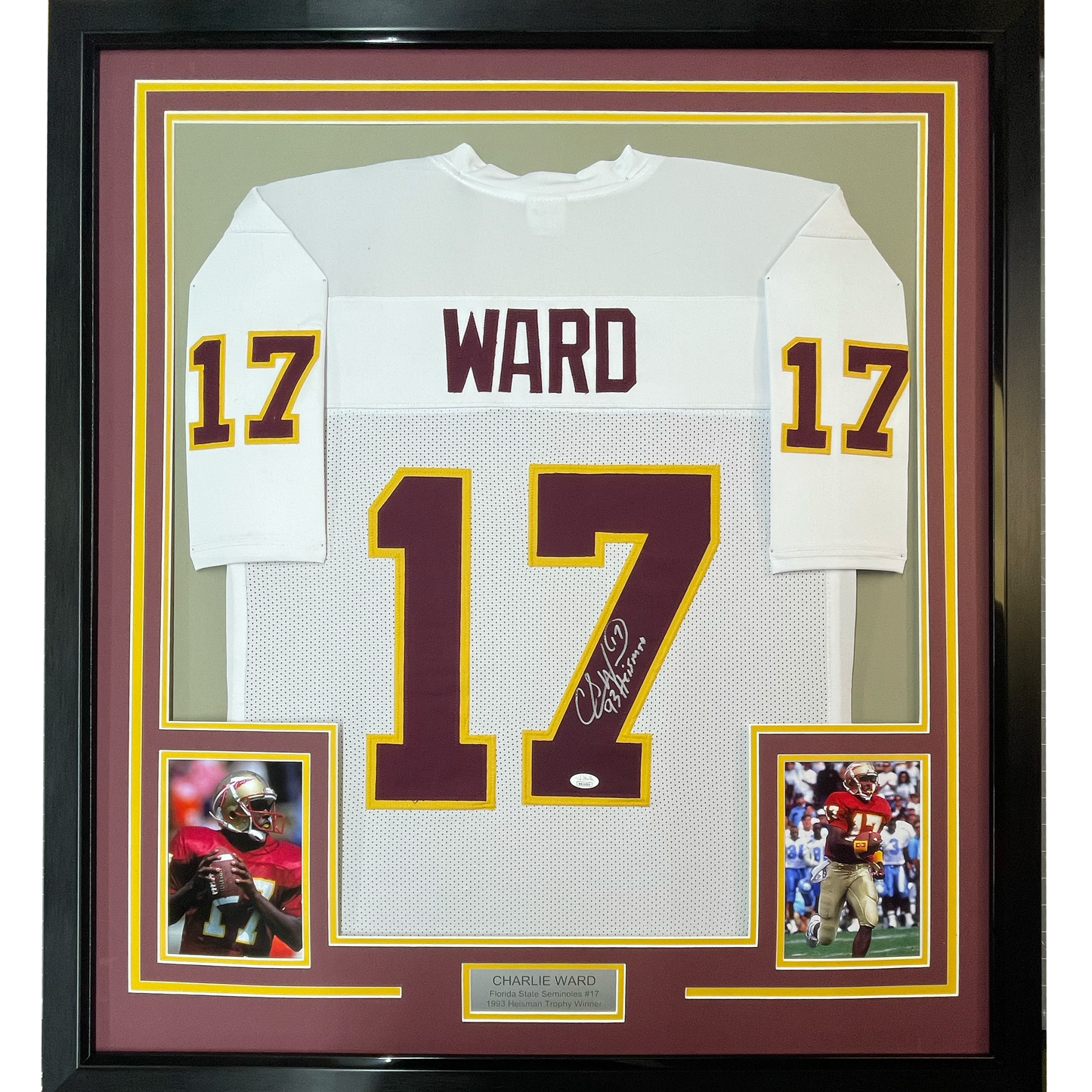 Framed Autographed/Signed Charlie Ward 35x39 93 Heisman Florida State FSU White College Football Jersey JSA COA