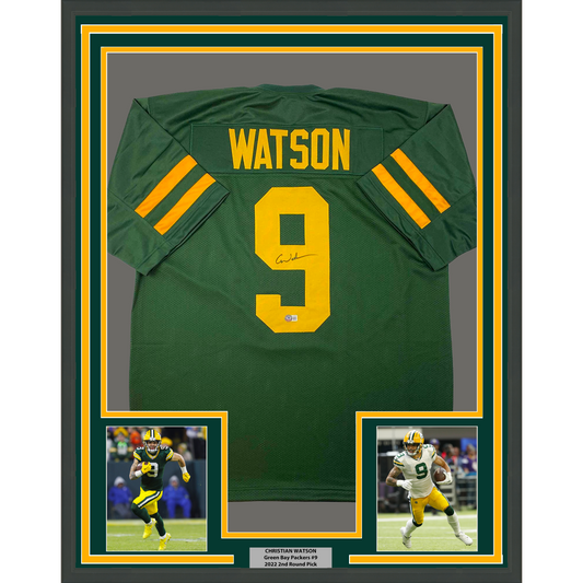 Framed Autographed/Signed Christian Watson 35x39 Green Bay Color Rush Green Football Jersey Beckett BAS COA