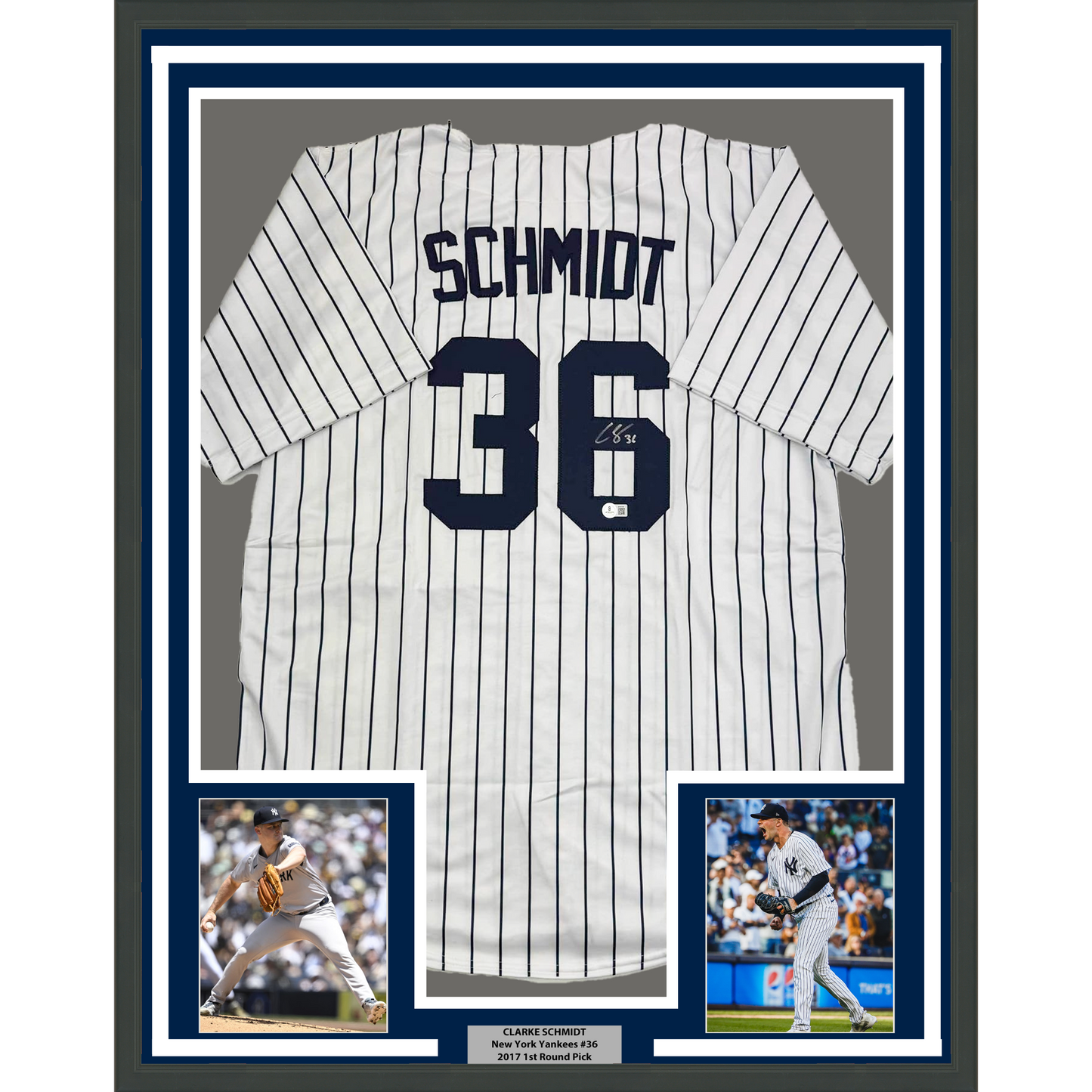 Framed Autographed/Signed Clarke Schmidt 35x39 New York Pinstripe Baseball Jersey Beckett BAS COA