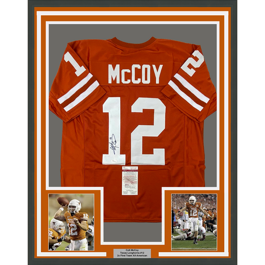 Framed Autographed/Signed Colt McCoy 35x39 Texas Longhorns Orange College Football Jersey JSA COA