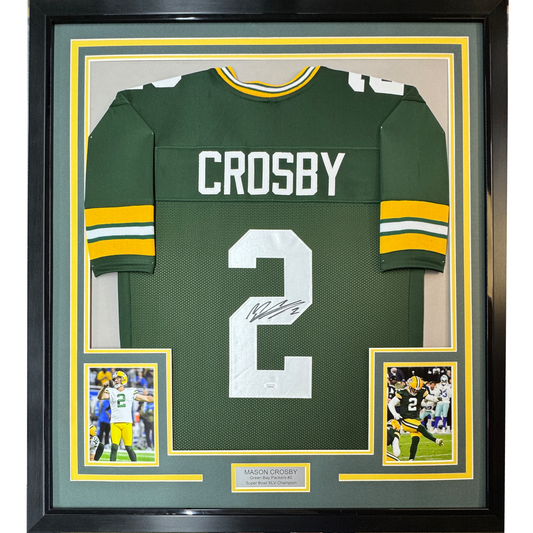 Framed Autographed/Signed Mason Crosby 35x39 Green Bay Green Football Jersey JSA COA