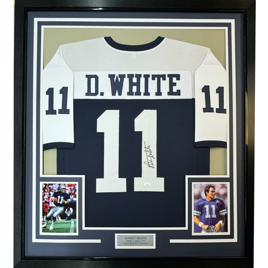 Framed Autographed/Signed Danny White 35x39 Dallas Thanksgiving Day Football Jersey JSA COA
