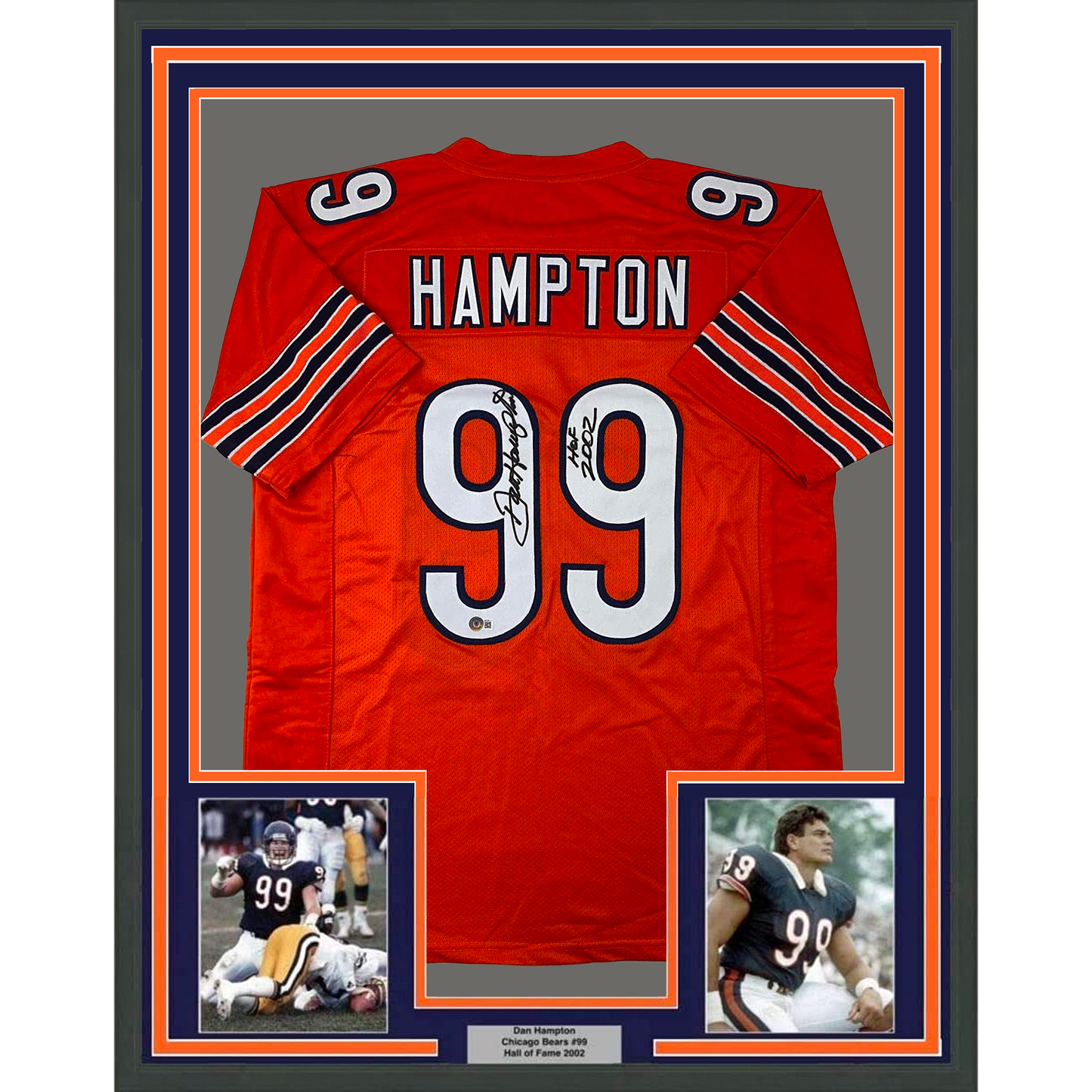 Framed Autographed/Signed Dan Hampton 35x39 HOF 2002 Chicago Orange Football Jersey Beckett BAS COA