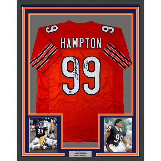 Framed Autographed/Signed Dan Hampton 35x39 HOF 2002 Chicago Orange Football Jersey Beckett BAS COA
