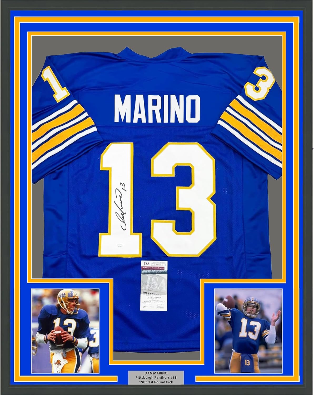 Framed Autographed/Signed Dan Marino 35x39 Pittsburgh Blue College Football Jersey JSA COA