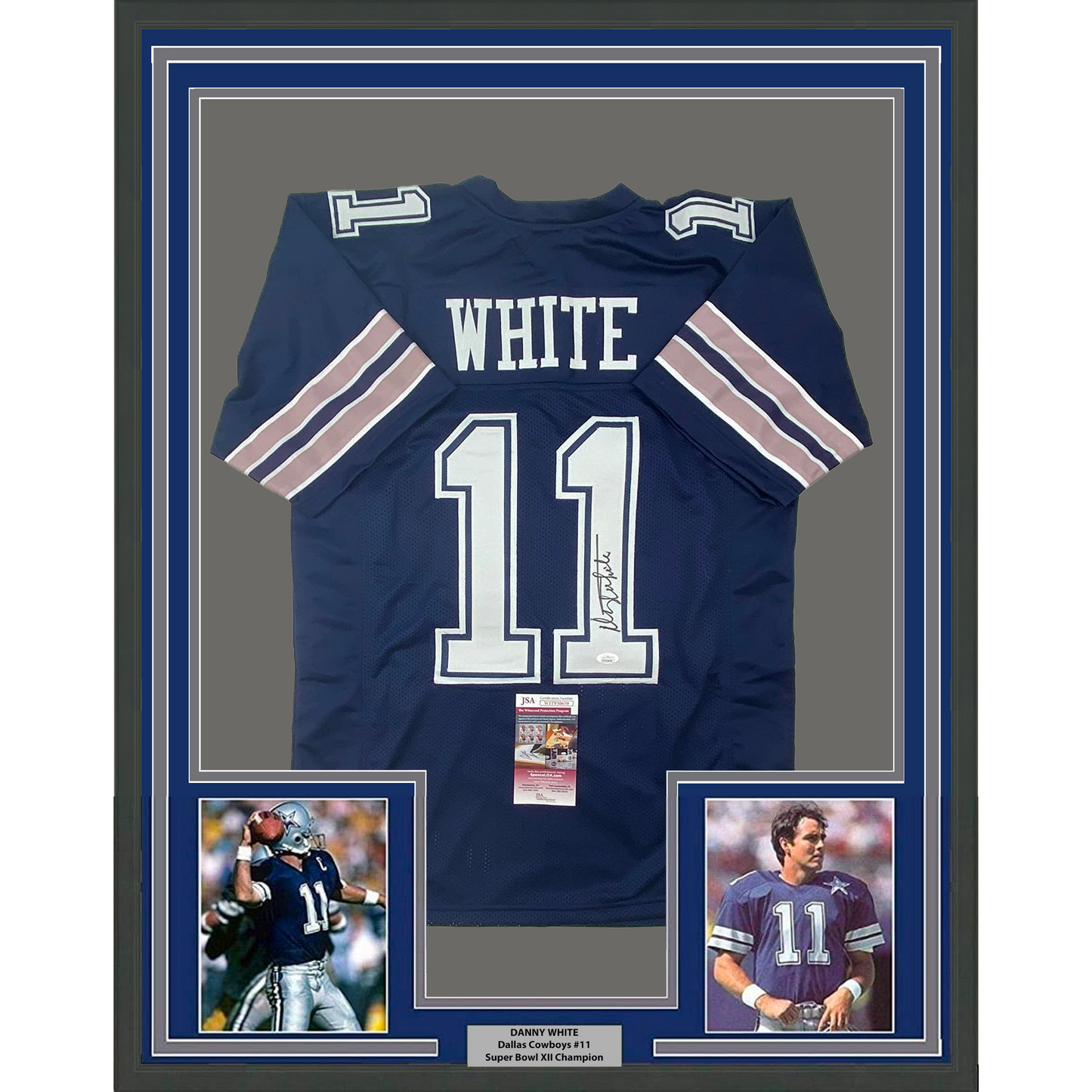 Framed Autographed/Signed Danny White 35x39 Dallas Dark Blue Football Jersey JSA COA