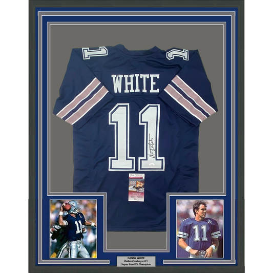Framed Autographed/Signed Danny White 35x39 Dallas Dark Blue Football Jersey JSA COA