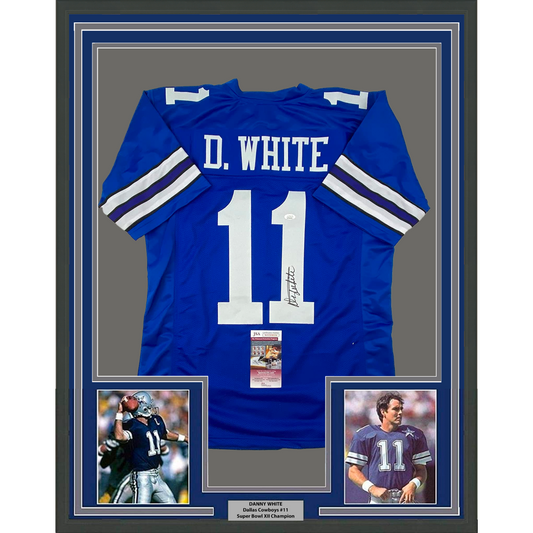 Framed Autographed/Signed Danny White 35x39 Dallas Retro Blue Football Jersey JSA COA