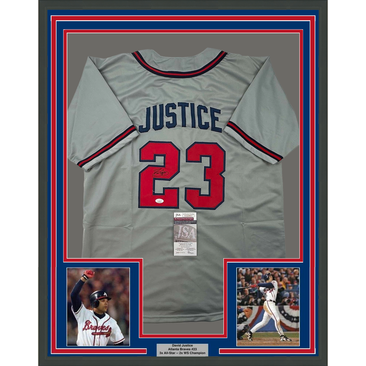 Framed Autographed/Signed David Justice 35x39 Atlanta Grey Baseball Jersey JSA COA