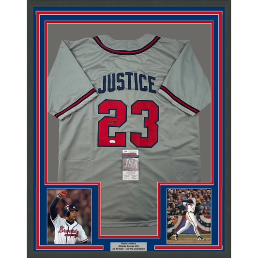 Framed Autographed/Signed David Justice 35x39 Atlanta Grey Baseball Jersey JSA COA