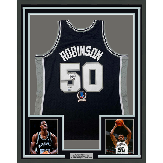 Framed Autographed/Signed David Robinson 35x39 San Antonio Spurs Black Authentic M&N Basketball Jersey Beckett BAS COA