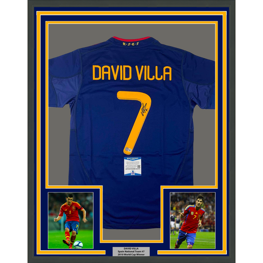 Framed Autographed/Signed David Villa 35x39 Spain Blue World Cup Soccer Jersey Beckett BAS COA