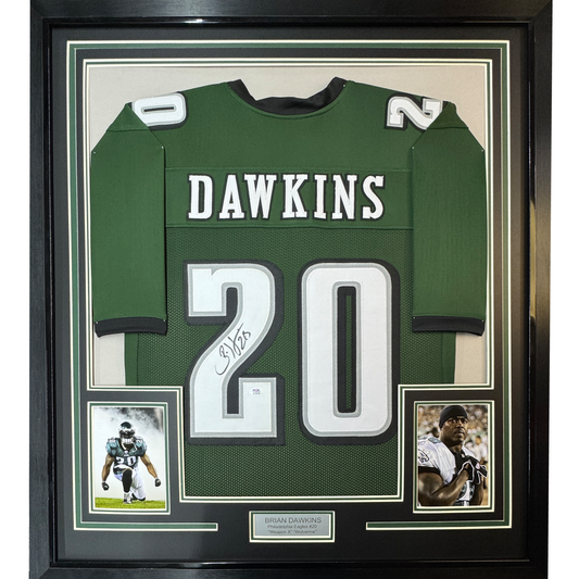 Framed Autographed/Signed Brian Dawkins 35x39 Philadelphia Green Football Jersey JSA COA