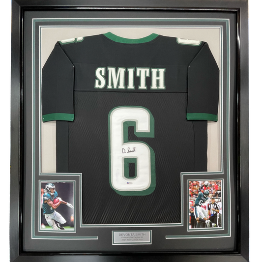 Framed Autographed/Signed Devonta Smith 35x39 Philadelphia Black Football Jersey Beckett BAS COA