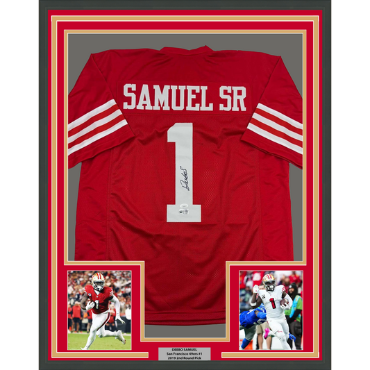 Framed Autographed/Signed Deebo Samuel 35x39 San Francisco Red Football Jersey JSA COA