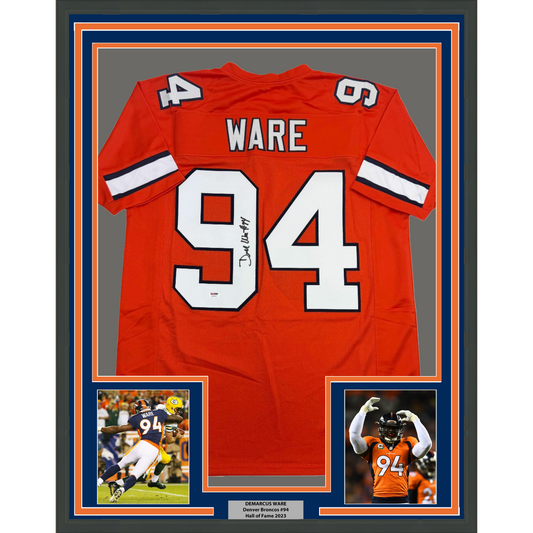 Framed Autographed/Signed Demarcus Ware 35x39 Denver Orange Football Jersey PSA COA