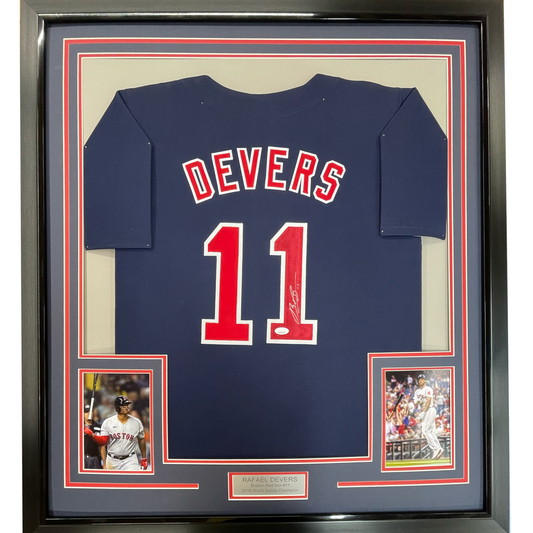 Framed Autographed/Signed Rafael Devers 35x39 Boston Blue Baseball Jersey JSA COA