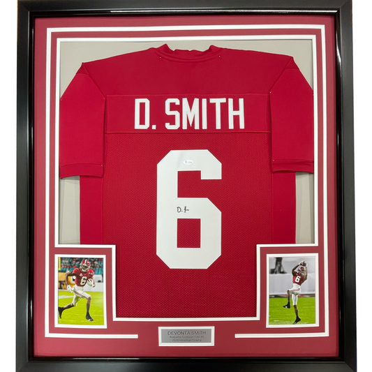 Framed Autographed/Signed Devonta Smith 35x39 Alabama Red College Football Jersey Beckett BAS COA