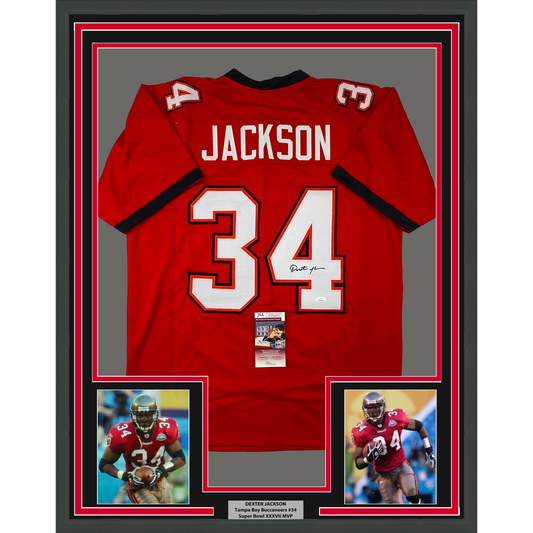 Framed Autographed/Signed Dexter Jackson 35x39 Tampa Bay Red Football Jersey JSA COA