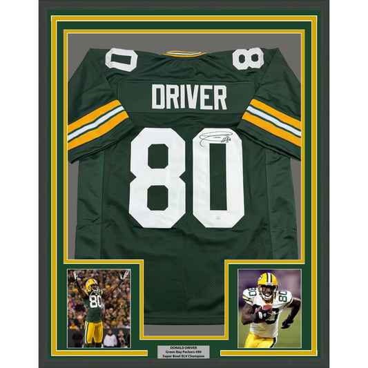 Framed Autographed/Signed Donald Driver 35x39 Green Bay Green Football Jersey JSA COA