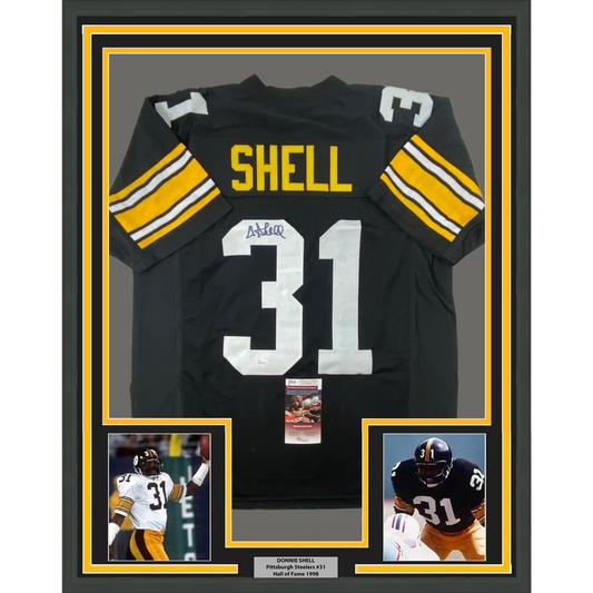 Framed Autographed/Signed Donnie Shell 35x39 Pittsburgh Black Football Jersey JSA COA
