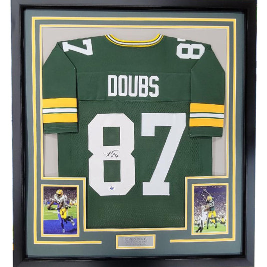 Framed Autographed/Signed Romeo Doubs 35x39 Green Bay Green Football Jersey JSA COA