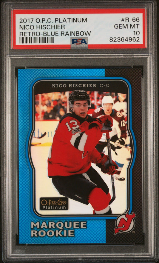 Graded 2017 UD O.P.C Platinum Nico Hischier #R-66 Retro-Blue Rainbow #/149 Rookie RC Hockey Card PSA 10 Gem Mint