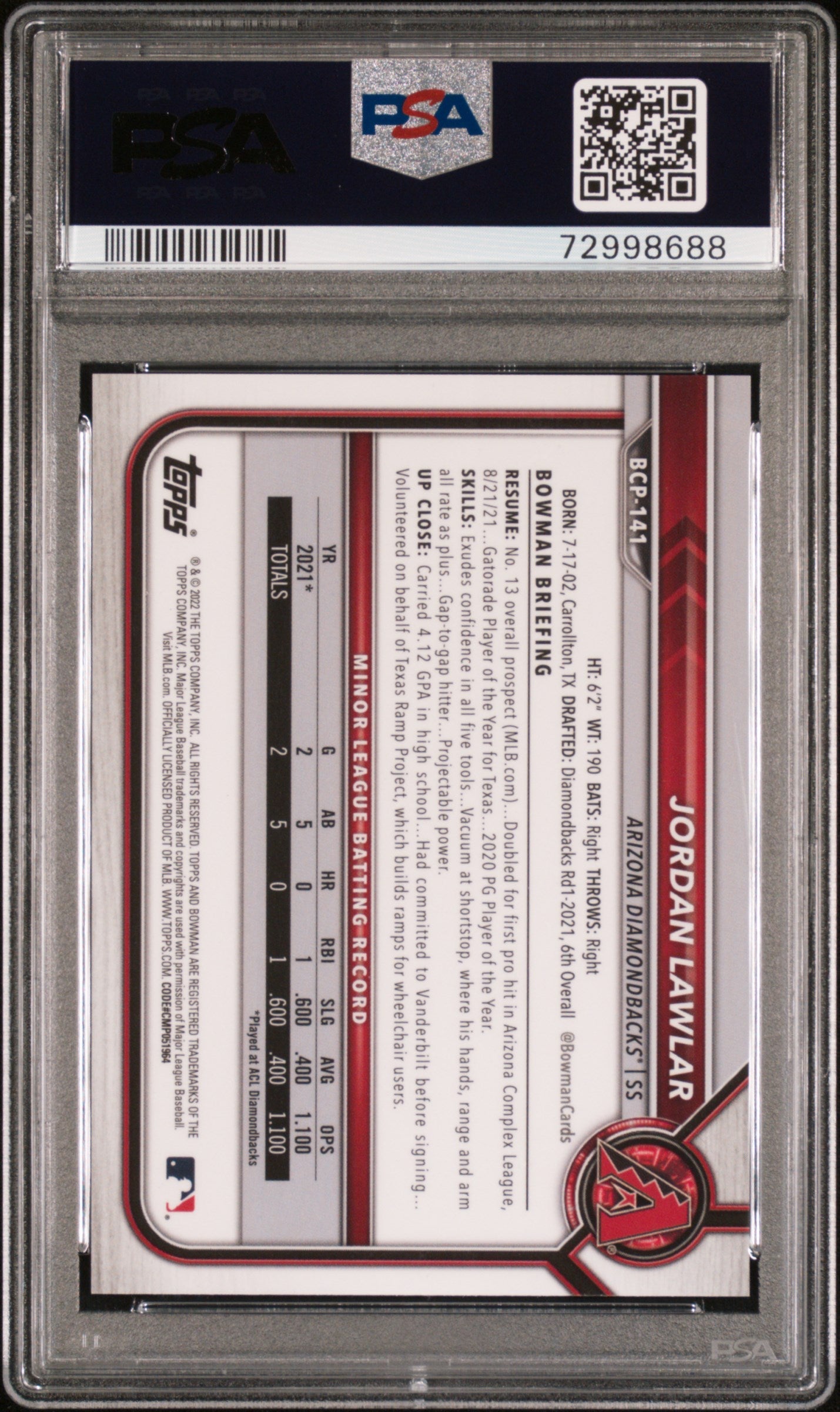 Graded 2022 Topps Bowman Sapphire Edition Jordan Lawler #BCP141 Chrome Prospects Aqua #/55 Rookie RC Baseball Card PSA 10 Gem Mint