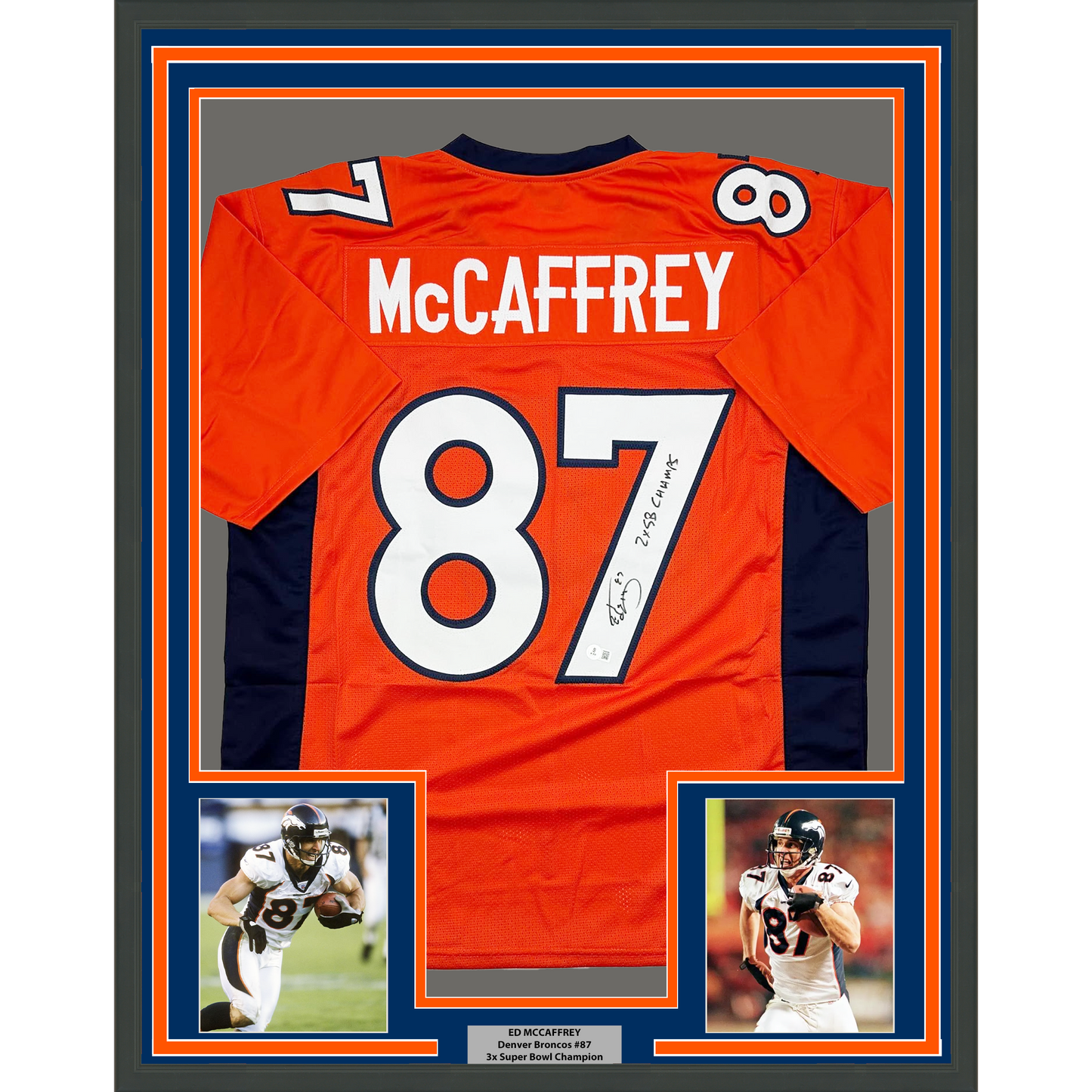 Framed Autographed/Signed Ed McCaffrey 35x39 2x SB Champs Denver Orange Football Jersey Beckett BAS COA