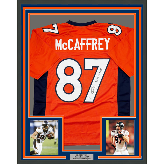Framed Autographed/Signed Ed McCaffrey 35x39 2x SB Champs Denver Orange Football Jersey Beckett BAS COA