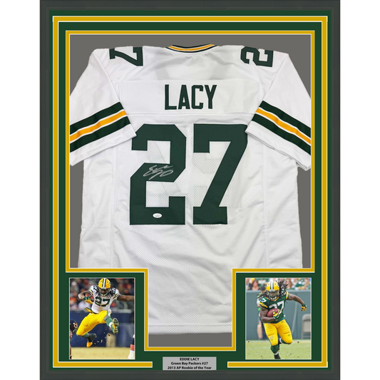Framed Autographed/Signed Eddie Lacy 35x39 Green Bay White Football Jersey JSA COA