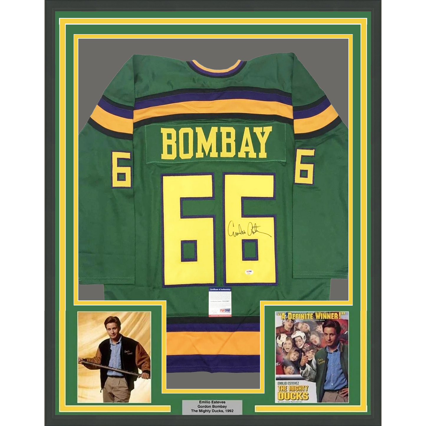 Framed Autographed/Signed Emilio Estevez Gordon Bombay 35x39 The Mighty Ducks Green Hockey Jersey PSA/DNA COA