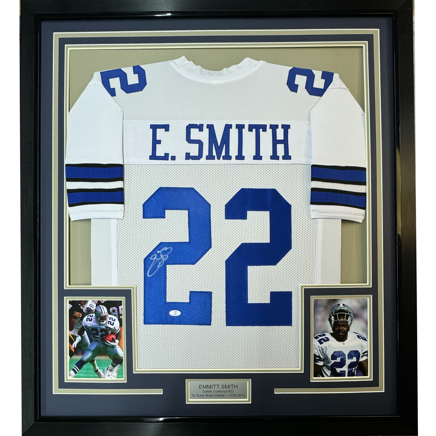 Framed Autographed/Signed Emmitt Smith 35x39 Dallas White Football Jersey JSA COA