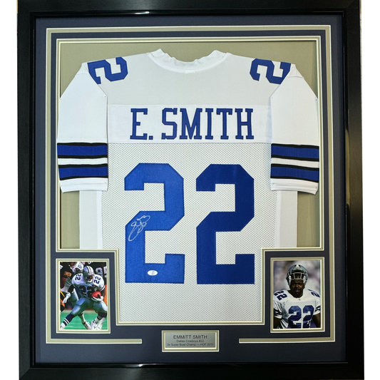 Framed Autographed/Signed Emmitt Smith 35x39 Dallas White Football Jersey JSA COA