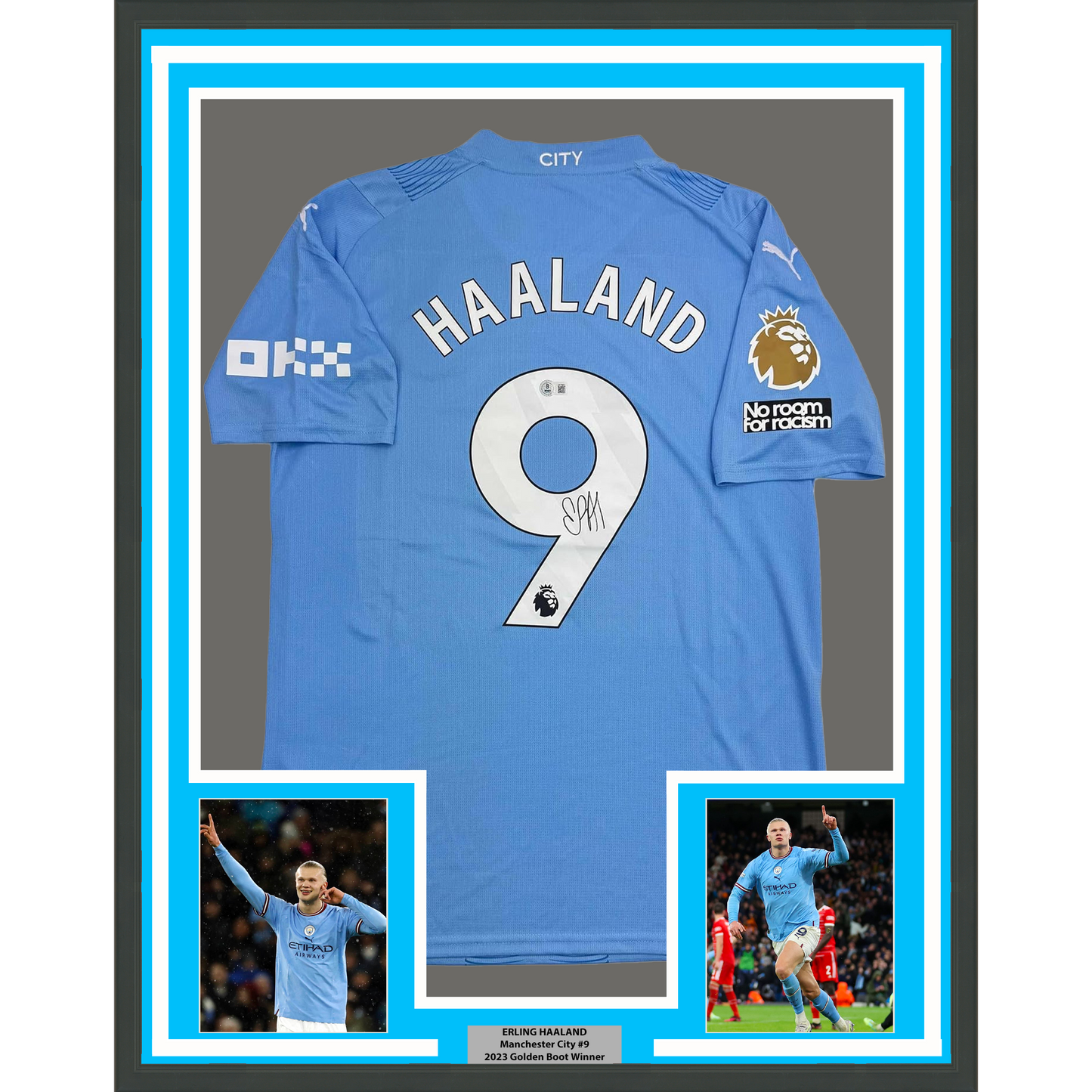 Framed Autographed/Signed Erling Haaland 35x39 Manchester City Blue Soccer Futbol Jersey Beckett BAS COA