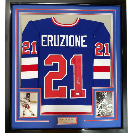 Framed Autographed/Signed Mike Eruzione 35x39 Blue 1980 Miracle On Ice United States Hockey Jersey JSA COA