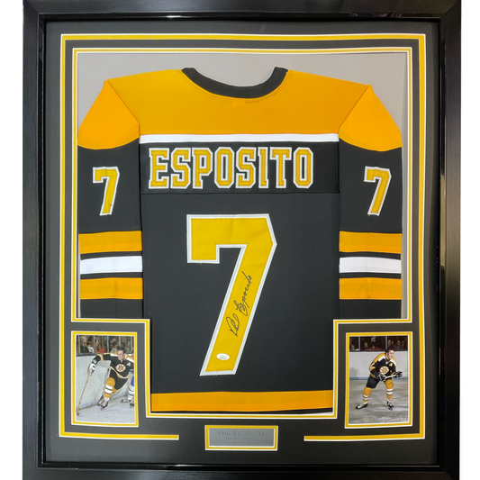 Framed Autographed/Signed Phil Esposito 35x39 Boston Black Hockey Jersey JSA COA