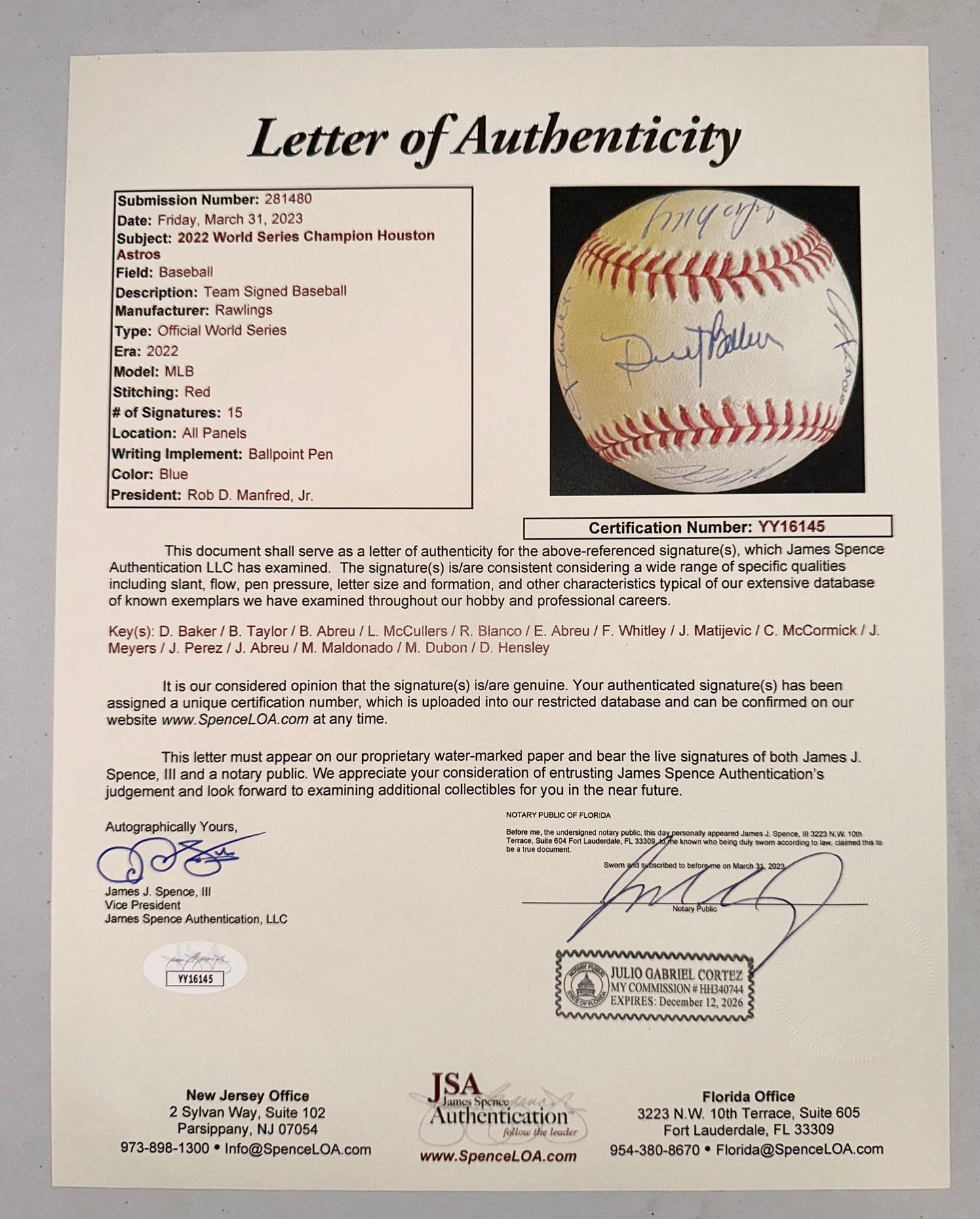 Houston Astros Autographed Team 2022 World Series Baseball JSA LOA