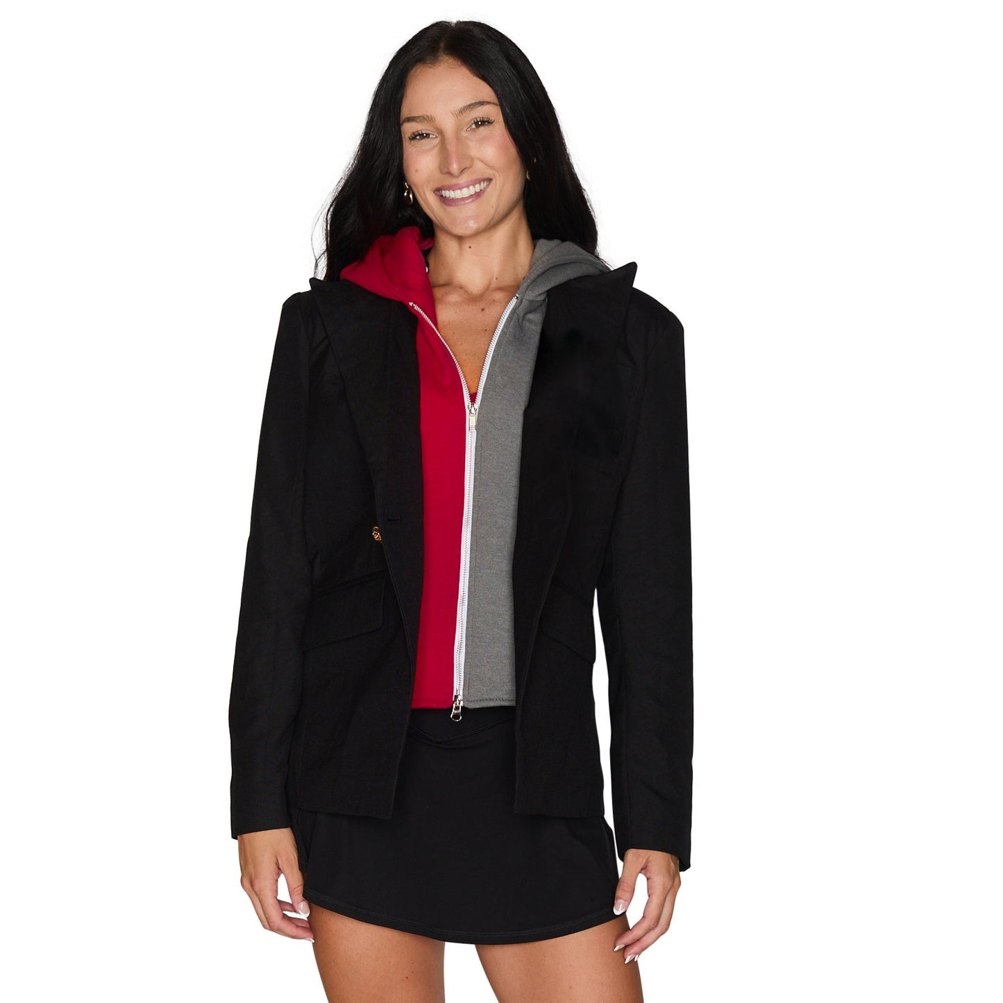 Red & Gray Hooded Blazer Jacket
