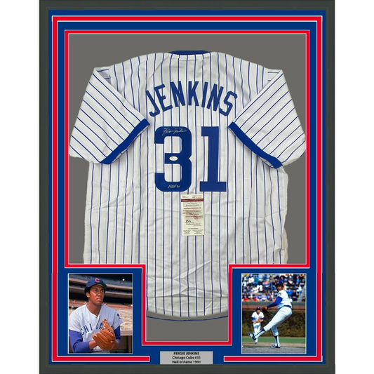 Framed Autographed/Signed Ferguson Fergie Jenkins 35x39 HOF 91 Chicago Pinstripe Baseball Jersey JSA COA