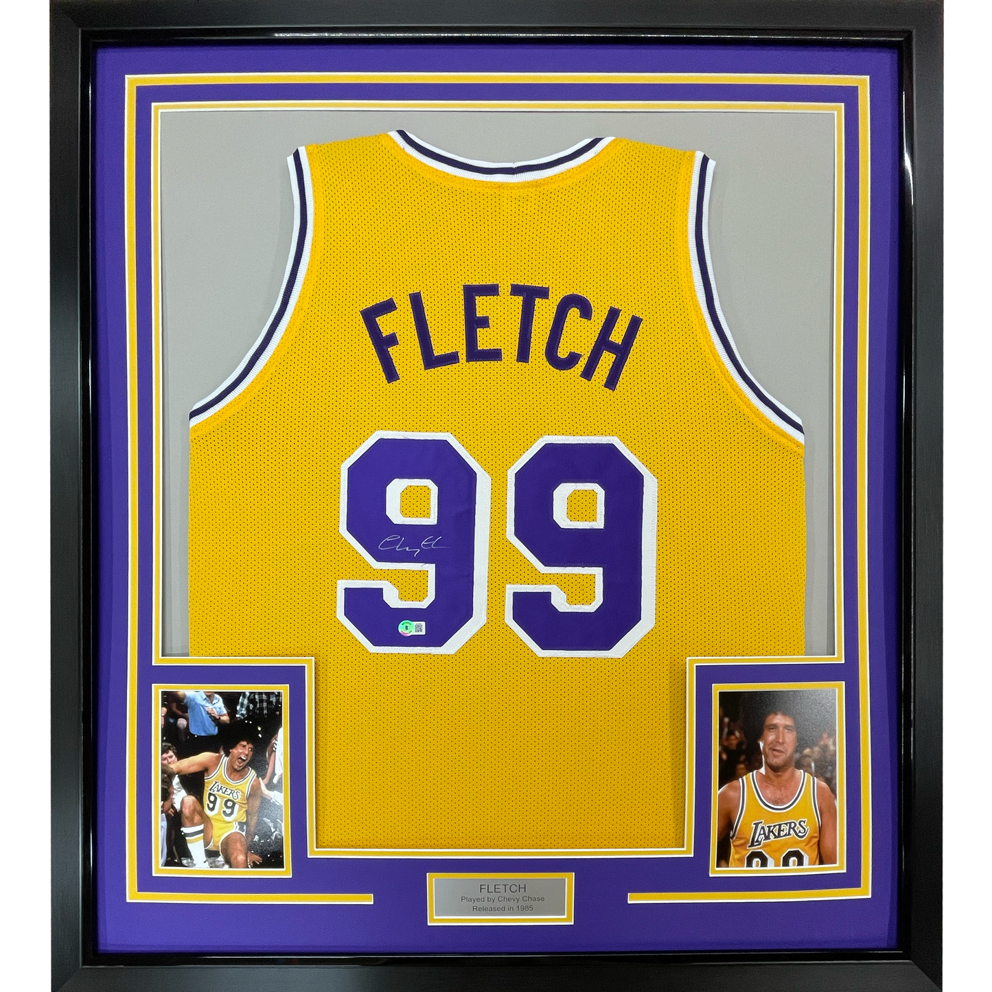 Framed Autographed/Signed Chevy Chase 35x39 Fletch Los Angeles LA Yellow Basketball Jersey Beckett BAS COA