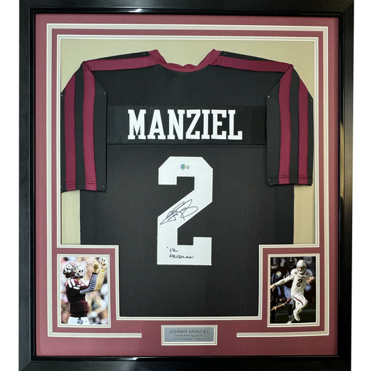 Framed Autographed/Signed Johnny Manziel 12 Heisman 35x39 Texas A&M Black College Football Jersey JSA COA