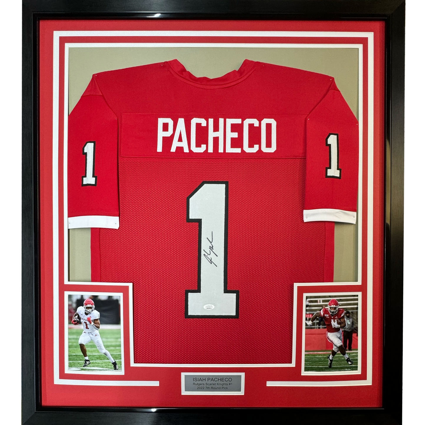 Framed Autographed/Signed Isiah Pacheco 35x39 Rutgers Red College Football Jersey JSA COA