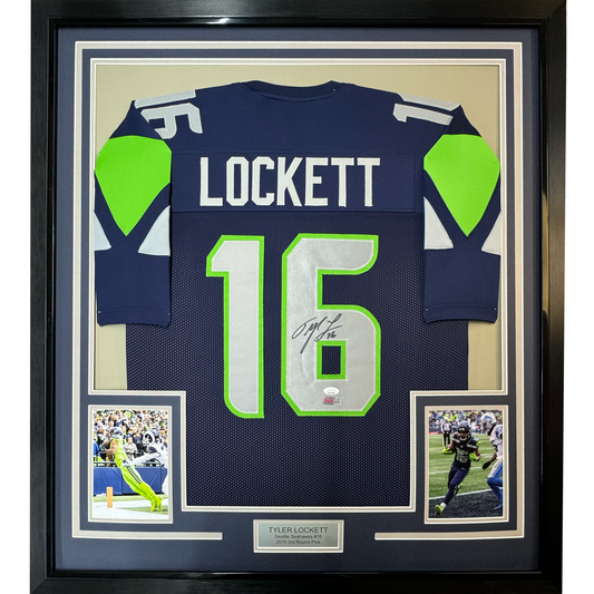 Framed Autographed/Signed Tyler Lockett 35x39 Seattle Blue Football Jersey JSA COA